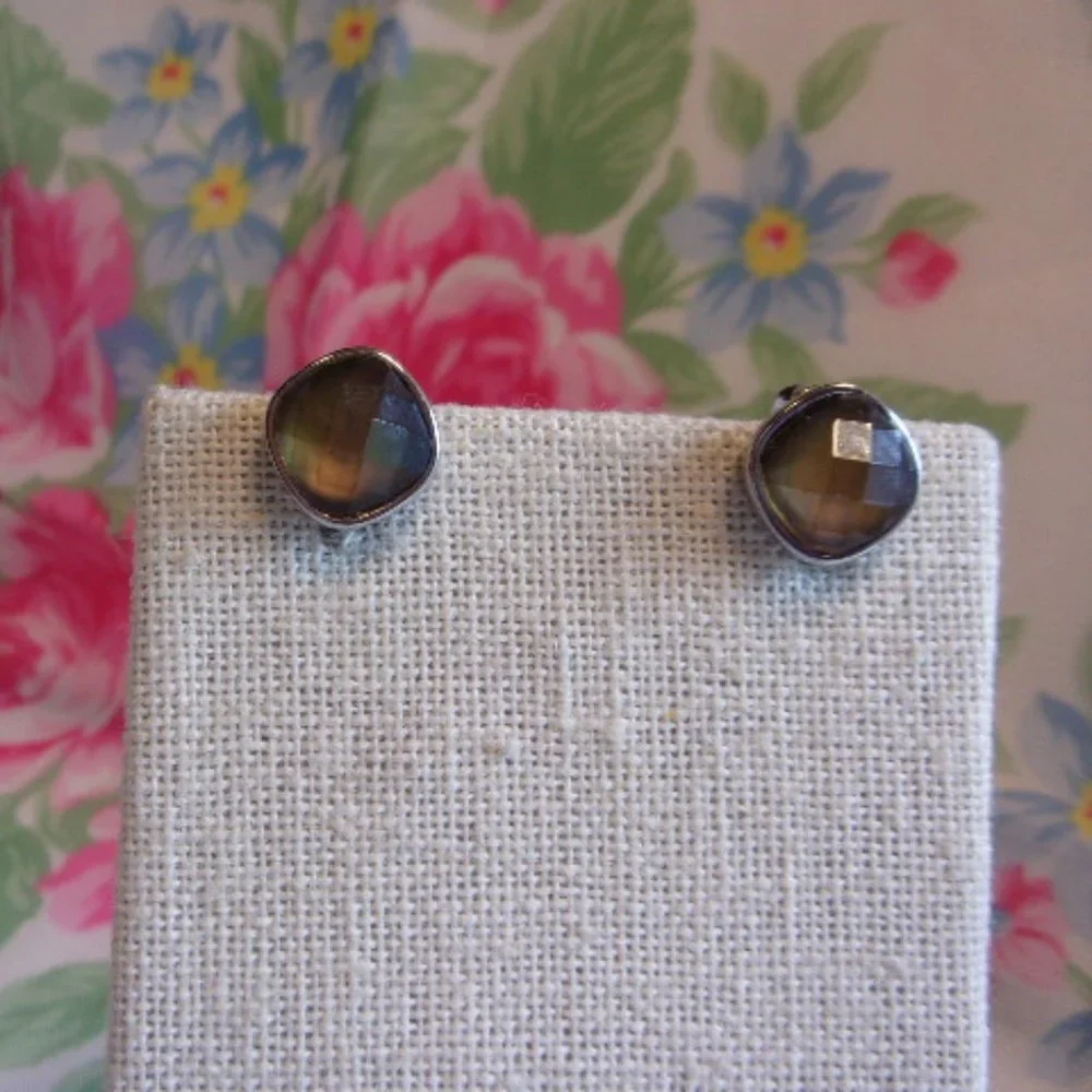 Brown Faceted Cabochon Silver Tone Clip Earrings Vintage 1980s